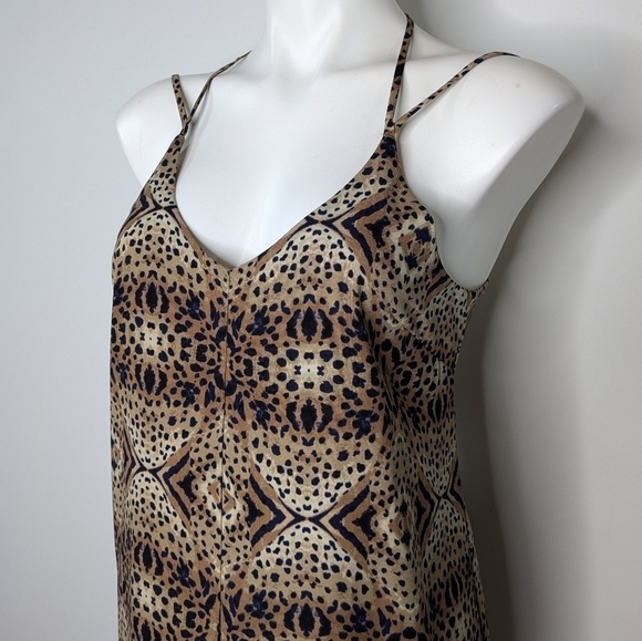 ASTR brown tan blue kaleidoscope cheetah animal print strappy mini dress S - Picture 3 of 9